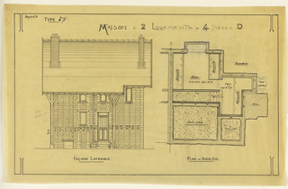 Drawing, "Rendering of Facade and Plan for the Basement of a Two Family Mass-operational House (Type No.7)", 1921