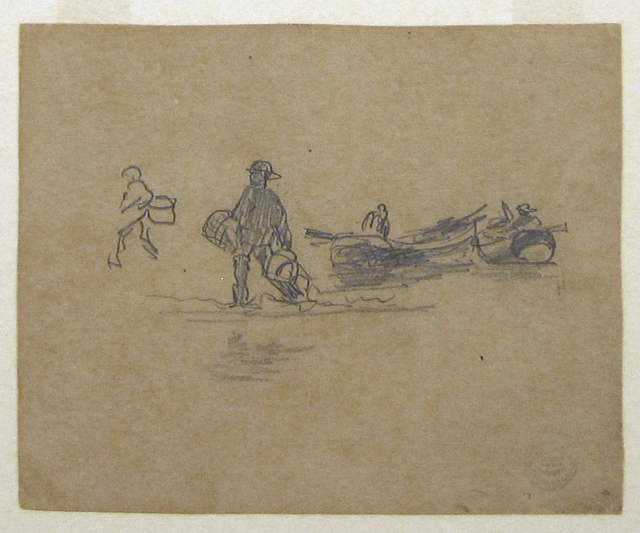 Drawing, "Slight Sketch of Beached Dory and Fishermen", 1881–82