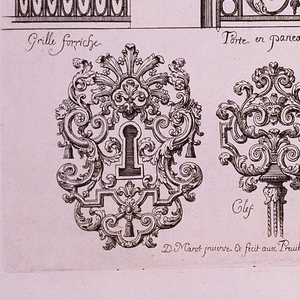 Print, Designs for a Gate, a Railing Panel, Two Key Hole Ornaments, and a Key Top, in  Nouveau Livre de Serrurie (New Book of Ironsmithing), ca. 1700