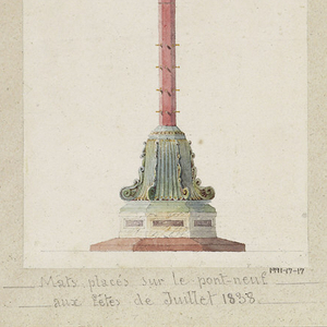 Drawing, Mâts placés sur le Pont-Neuf aux Fêtes de Juillet 1838 (Flagpole for Pont Neuf,  Paris, July Festival 1838), 1838