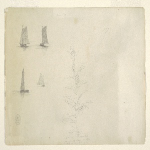 Drawing, Sketches of Sailing Boats, a Plant, and a Thumb, July 1844