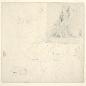 Drawing, Two Cows Lying Down, a Large Tree Stump, Cows Standing in Water Beneath Twin Arches of a Bridge, and a Large Rock., August and September 1844