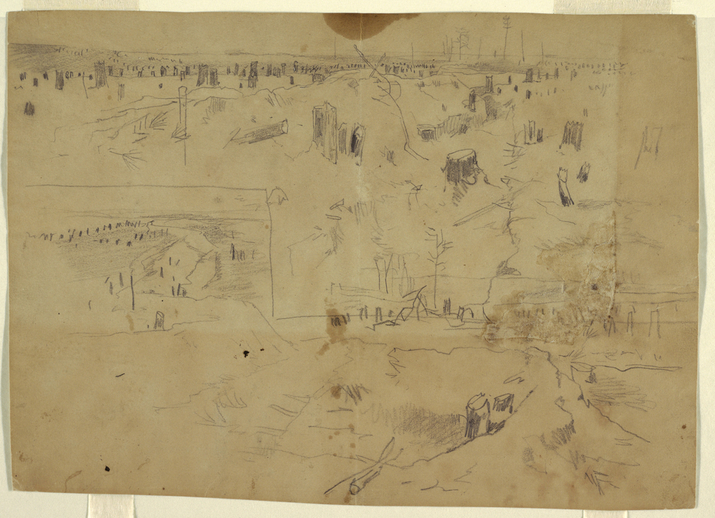 Drawing, Studies of a Battlefield with Tree Stumps and Blasted Tree Trunks, Petersburg, Virginia.