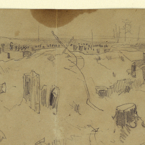 Drawing, Studies of a Battlefield with Tree Stumps and Blasted Tree Trunks, Petersburg, Virginia., 1864