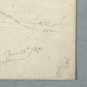 Drawing, Landscape in the Hudson Valley; verso: Sketch of church with tree naves, June 14, 1870
