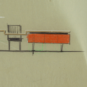 Drawing, Interior with desk and chair, April 8, 1954