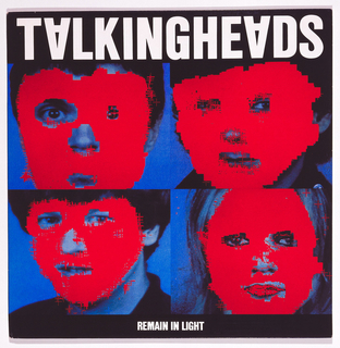 Recto: On a black background, Talking Heads, the letter A upside down, is imprinted in large capital letters in white across the entire top; the album title, centered, is imprinted in small capitals at bottom. The space between the two bands of type is occupied by four computer-enhanced images, representing the four musicians (three men and one woman); the faces are red and the features blue and black.
Verso: The band's name is replicated as it appears on the recto. The bottom black band, in the same size as on the recto, instead shows the song titles, musicians' names and other production information in small white capitals. The design comprises a snowcapped mountain scene in brown, white, and sky blue; four red fighter planes in vertical formation and graduating in size are superimposed.