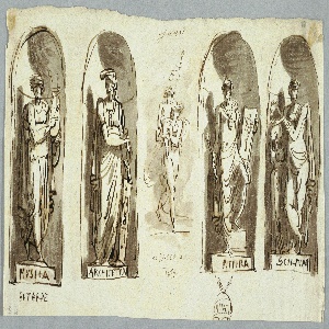 Drawing, Four Statues in Niches: Music, Architecture, Painting, and Sculpture; Study of Bacchus and Mercury, 1816
