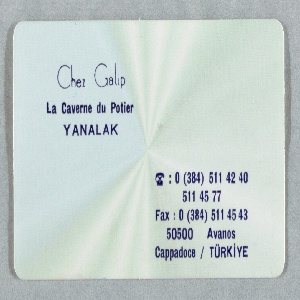 Business Card, Chez Galip La Caverne du Potier, Yanalak, ca. 1995