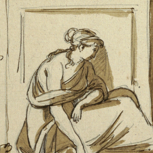Drawing, Sketch: A woman seated before an antique sarcophagus, 1800–1825
