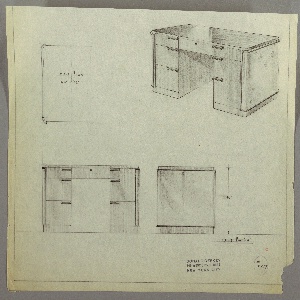 Drawing, Desk: Seating at Center, Center Drawer, Three Stacked Drawers-Left and Right-with Rectangular Hardware Positioned at Left, 1930s