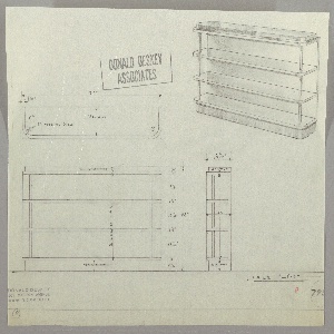 Drawing, Shelf (3) Unit, Walnut with Vertical Metal Supports, 1930s