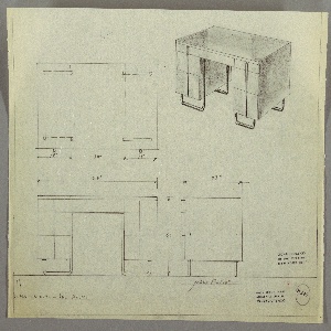 Drawing, Desk: Seating at Center, Center Drawer, Three Stacked Drawers-Left and Right-with One Vertical Aluminum Pull Spanning Stack, the Whole Elevated on Curved Aluminum Base, 1930s