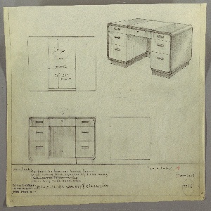 Drawing, Desk: Seating at Center, Center Drawer, Three Stacked Drawers-Left and Right-with Horizontal Rectangular Pulls, 1930s