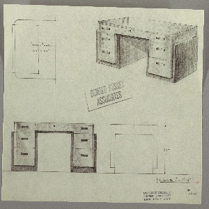 Drawing, Desk: Seating at Center, Center Drawer, Three Stacked Drawers-Left and Right-with Rectangular Pulls,,One per Drawer, 1930s