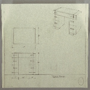 Drawing, Desk: Centered Seating, Three Stacked Drawers Left and Right, Rectangular Hardware, Centered, 1930s