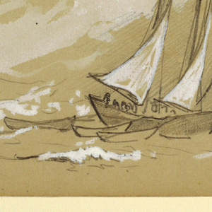 Drawing, Schooner with Three Dories, 1880