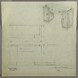 Drawing, Desk: Seating at Center, Center Drawer, Left and Right Cabinets, Round Pulls on Drawer and Cabinets, 1930s