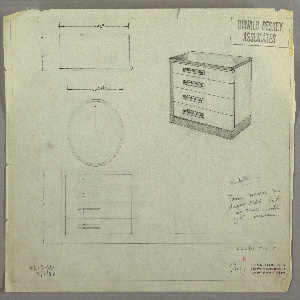 Drawing, Chest:: Four Drawers, Low, Long Rectangular Pulls-Off Center, and Mirror (Round), September 1, 1933
