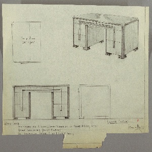 Drawing, Desk: Centered Seating, Two Center Drawers, Three Stacked Drawers, Left and Right, Reverse U-Shaped Hardware, 1930s