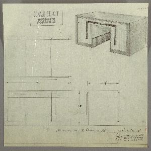 Drawing, Desk: Seating at Center, Center Drawer, Adjacent Drawer Stacked on Larger Drawer-Left and Right-with Superimposed Reverse U-Shaped Hardware, 1930s