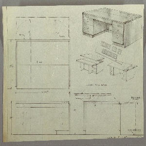 Drawing, Desk: Three Stacked Drawers with Round Knobs, Centered, Each Side, Adjustable Drawing Board on Top, 1930s
