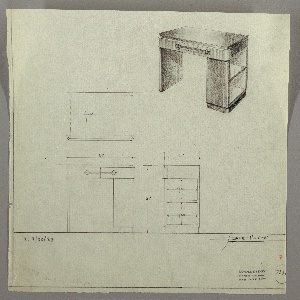 Drawing, Desk:: Seating on Left,  Center Drawer-Horizontal Pull with Ball Endpieces, Two Open Shelves on Short Side- Right, September 30, 1933