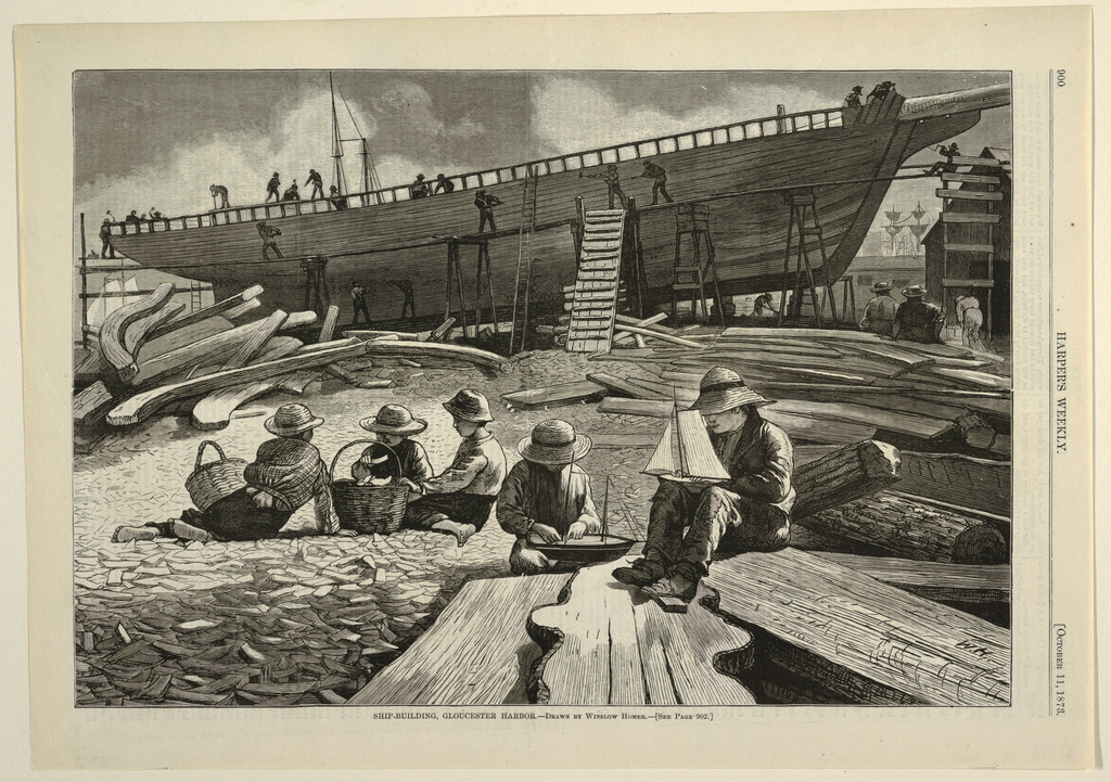 Print, Ship-Building, Gloucester Harbor, from Harper's Weekly, October 11, 1873, p. 900