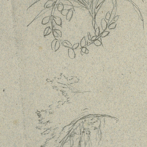 Drawing, River Bank with Mountains and Clouds, Three Botanical Sketches and Busts Studies of Men with Hats, 1853
