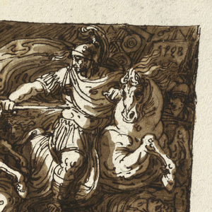Drawing, Sketchbook Page: Death of Flaminius in the Battle of Trasimeno; Annabelle Loses an Eye in the Swamps of Fiano, Tuscany, ca. 1812