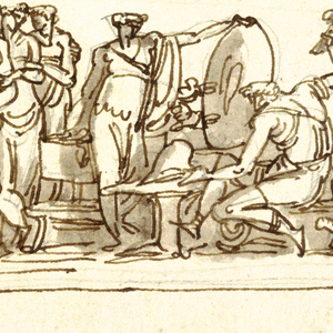 Drawing, Venus at Forge of Vulcan, Winter, Victories and Three Roundels, Putti as Elements, late 18th century