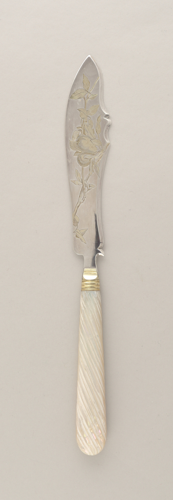 An engraved and gilded silver knife with a carved mother-of-pearl handle made from oyster shell. The blade's engraving shows a pear tree design with a branch running from the top of the blade to its handle with groups of leaves and two pears in the upper center.