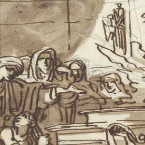 Drawing, Figural Scene with People Gathered Around a Seated Woman who Reads from Scroll