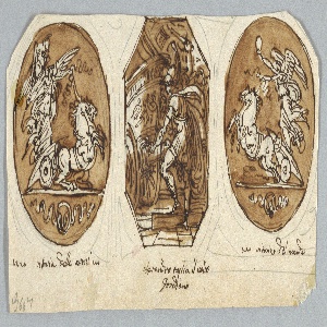 Drawing, Two Circular and Octagonal Painting for Ceiling: Deeds of Alexander the Great, ca. 1795