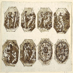 Drawing, Six Octagonal Compostions, Hercules and Hebe, Two Foliated Ornaments, Sala di Ercole e Ebe, Palazzo Gessi, 1813