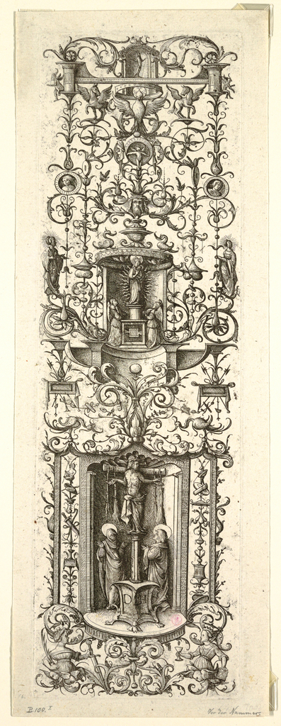 Print, Ornament with the Man of Sorrows, Mary and John