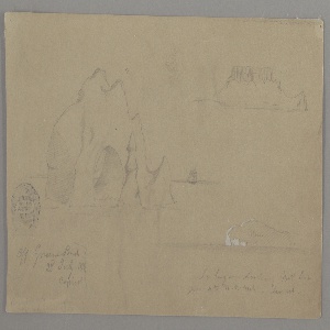 Drawing, Icebergs, sailship, possibly 1859