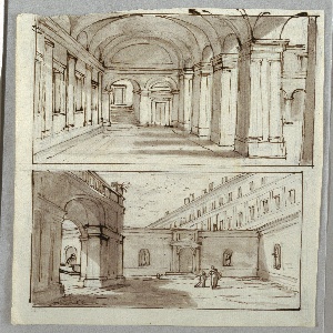 Drawing, Two Designs for Portico and Court of Palace, early 19th century