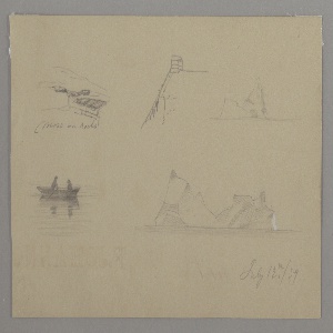 Drawing, Moss, roof, two men in a boat, icebergs, July 12, 1859