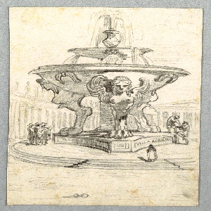 Drawing, Fountain Supported by Three Harpies and Three Groups of People in Garden in Villa Albani, Rome, 1780–1820