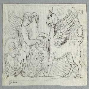 Drawing, Sculptured Frieze with Half-Figure of Winged Boy and Griffon, late 18th century