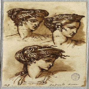 Sketchbook Folio, Three Studies of a Head with Diadem and Braided Hair, after Raphael, 1810–20