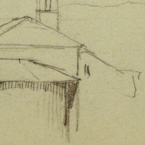 Drawing, Church Tower Adjoining Buildings, possibly 1868–69