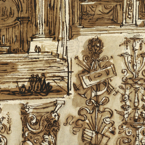Drawing, Sketchbook Page: Atrium, San Pietro, Bologna and Detail from San Pietro; Detail from S. Michele in Bosco; Verso, Geometrical Studies of Heads, 1811–14