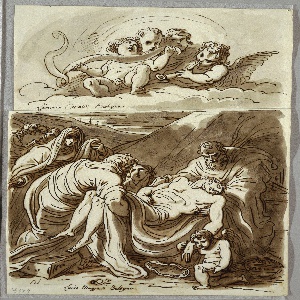 Drawing, Four Putti Making Music, Study after Lodovico Carracci; Christ, Study after Massari, 1821–22