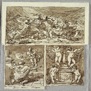 Sketchbook Folio, The Battle Between the Romans and the Sabines; Apparition of Romulus to Proculus, Two Studies after the Carracci; Candelabrum, 1821–22