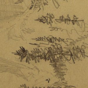 Drawing, Man in a boat, Rocky Peak over Pines, possibly 1868