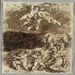 Drawing, Three Putti with Garland; Romulus and Remus Breastfeeding from She-Wolf; Two Putti Playing Cymbals, 1818