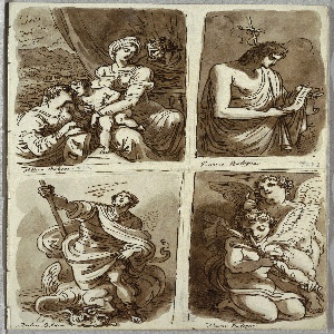 Sketchbook Folio, The Holy Family with Saint Catherine; St. John the Baptist, after Guercino; St. George and the Dragon, After Alessandro Tiarini; Two Putti, 1821–22