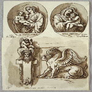 Drawing, Two Drawings of the Madonna and Child in Ovals, Studies after Giambologna and Alfonzo da Ferrero; Herm and Chimera, after Antique, 1821–22
